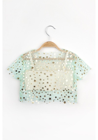 Le Mabelle Mint Yıldız Baskılı Kısa Kollu Kız Çocuk Tül Crop Mint