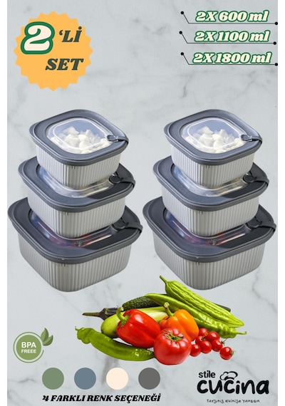 6'lı Mikrodalga Ve Difriz Kullanımına Uygun Vakumlu Sızdırmaz Saklama Kabı Seti 2x 600-1100-1800 Ml Antrasit
