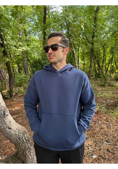 Erkek 3 İplik Basic Oversize Kanguru Cepli Kapüşonlu Sweatshirt Lacivert
