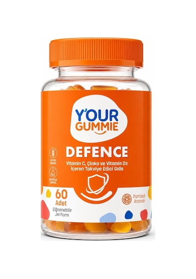 Defence C Vitamini, D3 Vitamini Ve Çinko İçeren Takviye Edici Gıda Bağışıklık Desteği Portakal Aromalı 60 Gummy
