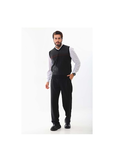 Pelikan Erkek Desenli V Yaka Süveter 9602 Füme