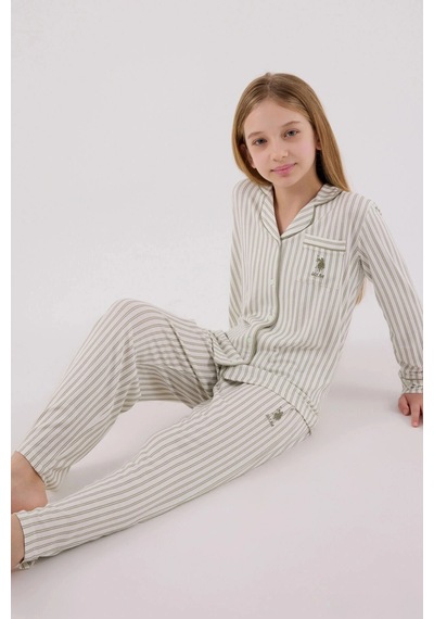 Kız Garson Gömlek Pijama Takımı - Çay Yeşili Çay Yeşili