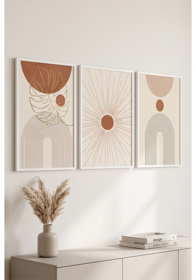 Beyaz Ahşap Çerçeveli Boho Güneş Geometrik Soyut Modern Duvar Tablosu 3 Lü Set Beyaz