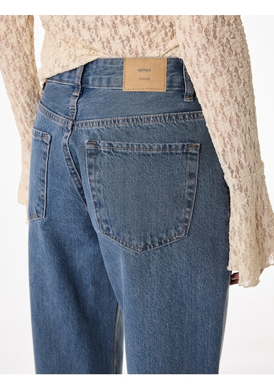 Koton Pamuklu Cepli Düğmeli Yüksek Bel Düz Paça Denim Pantolon - Straight Fit Jean Açık İndigo 6sal40111md