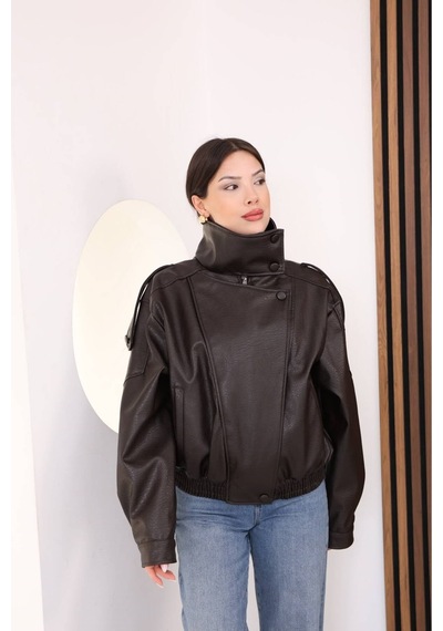 Moda Banuş Kaplama Düğme Detay Petekli Deri Ceket-oversıze Kahverengi