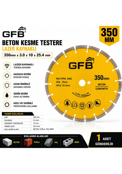 Beton Kesme Testeresi Lazer Kaynaklı Beton Tuğla Taş Bims Keser 350 X 3.0 X 10x25.4 Mm