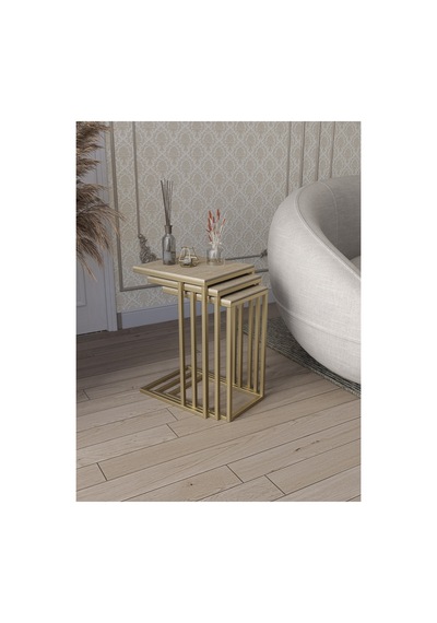 Mira 3 Lü Zigon Sehpa - Yan Sehpa Metal Ayak Mdf Membran Kaplama Siyah - Traverten