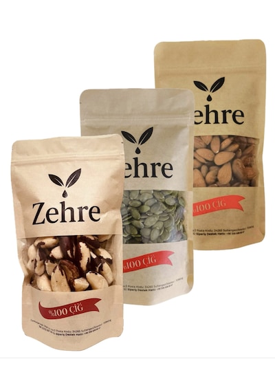 Zehre 250 Gr Çiğ Kabak Çekirdeği Içi + 250 Gr Çiğ Badem Içi + 100 Gr Brezilya Cevizi 600 G