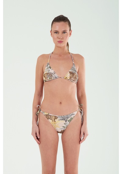 Louren Kadın Ekru Tropikal Desenli Boyundan Bağlamalı Üçgen Bikini Takımı Ekru