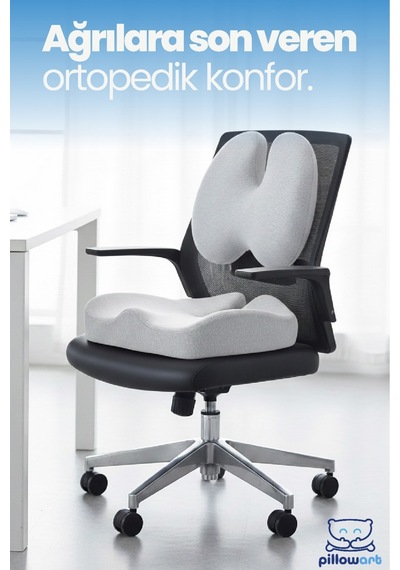 Visco Sırt Bel Destek Ve Oturma Minderi 2 Li Set Yastık Ortopedik Ergonomik Ofis Koltuğu Ve Araç Minderi Gri