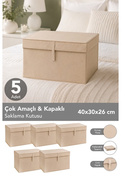 5'li Mini Boy Hurç - Çok Amaçlı Organizer Kapaklı Saklama Kutusu 40x30x26cm Bej