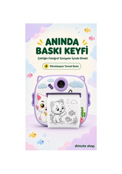 Cmr90 Çocuklar İçin Anında Baskılı Mini Dijital Kamera 1080p Çift Kameralı Mor Kedi - 902064815