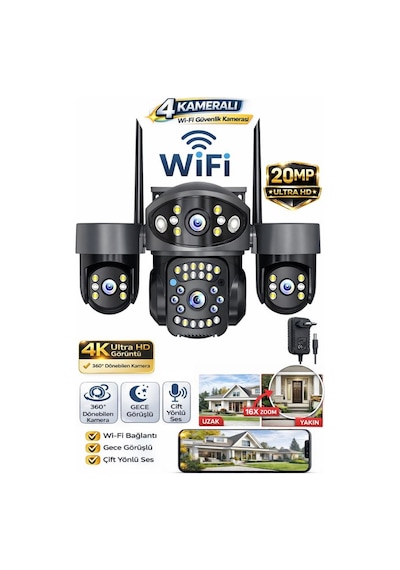 Rx75w Wifi 4 Kameralı Güvenlik Kamerası 20mp Ultra Hd Ptz Hareketli Sesli Gece Görüşlü Akıllı Kamera