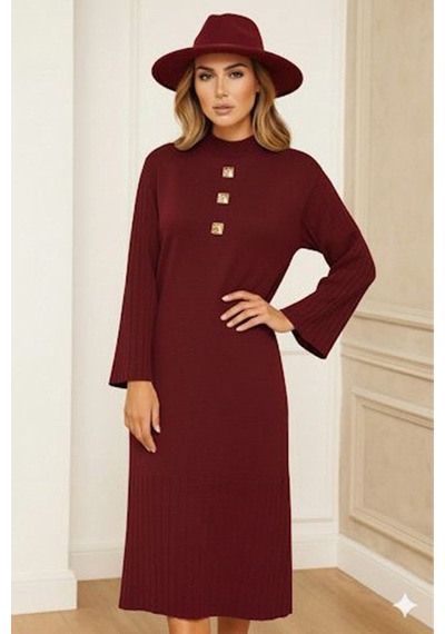 Onno Style Women Triko 3 Düğme Elbise Bordo