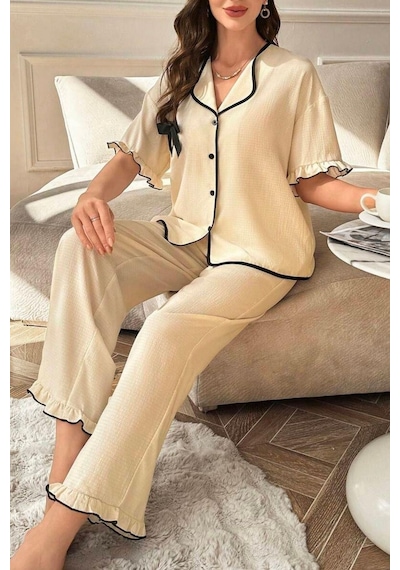 Bella Notte Kısa Kollu Fiyonk Detaylı Düğmeli Pijama Takımı Bej