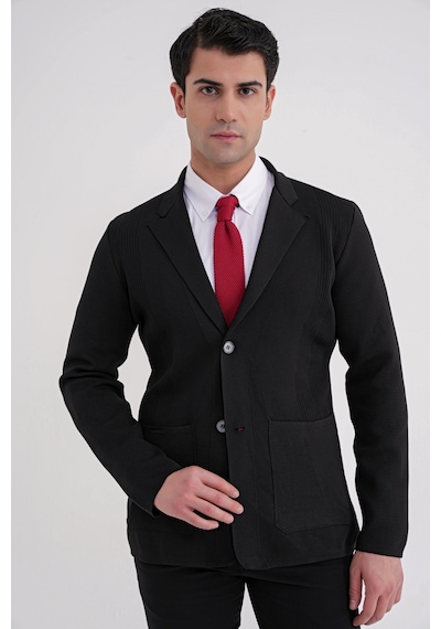 Comfort Fit Ceket Yaka Torba Cep Düğmeli Siyah Yünlü Triko Ceket 04 Siyah