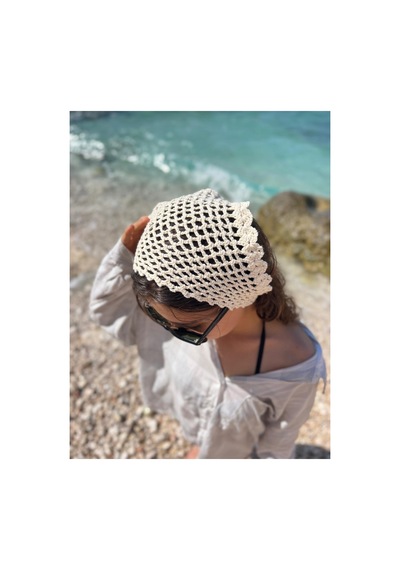 Krem Renkli File Model Bandana, El Yapımı Örgü Bandana, Yazlık Örgü Bandana Krem Krem