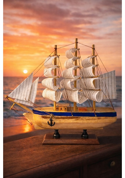 Büyük Boy El Yapımı Ahşap Yelkenli Gemi Maketi 24 X 24 Cm Dekoratif Lüx Hediyelik 529 Eb