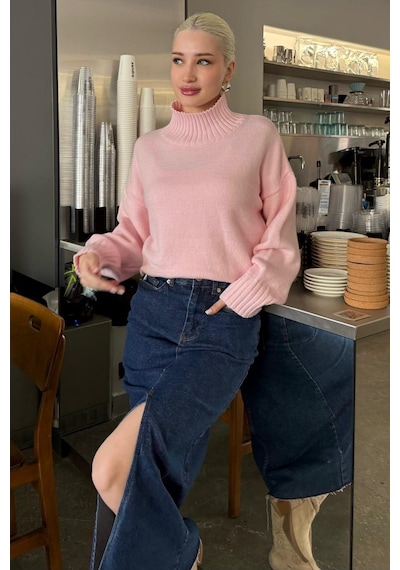 Madmext Pembe Boğazlı Kadın Triko Kazak Mg2535 Pembe