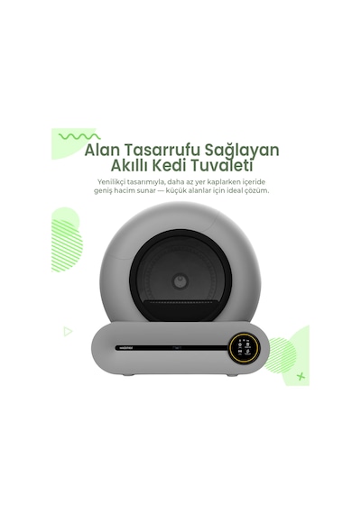 Msp01 Gri Akıllı Otomatik Kedi Tuvaleti, App Kontrol, 65lt Hazne, 9lt Atık Haznesi,iyonizer Kötü Koku Giderici