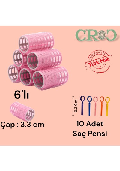 Croc 1202 Pembe Cırtlı Bigudi 6lı Çap 3,5cm +10lu Plastik Saç Pensi Pembe