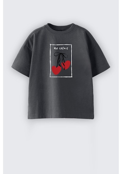 Monila Kız Çocuk Kiraz Baskılı Bisiklet Yaka Pamuklu Tshirt Antrasit
