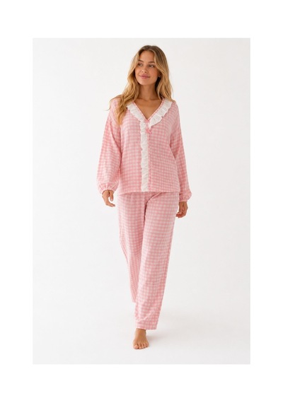 Bella Notte Pembe Beyaz Pötikare Fisto Fırfır Detaylı Uzun Kollu Pijama Takımı Pembe