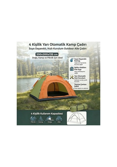 Buffer 4 Kişilik Yarı Otomatik Kamp Çadırı Suya Dayanıklı, Hızlı Kurulumlu Outdoor Aile Çadırı, D Yeşil