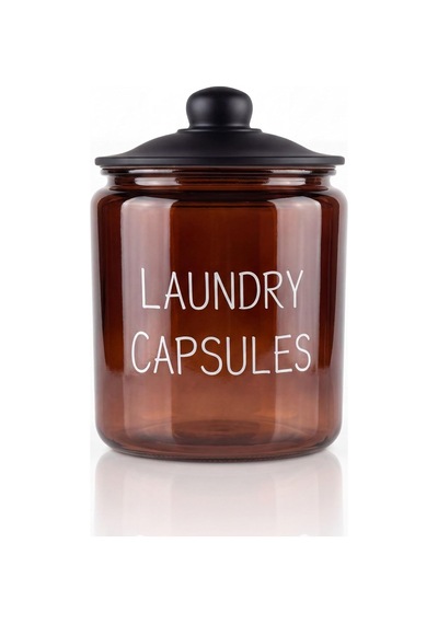 Laundry Capsules Yazılı 3900 Ml Amber Cam Kapsül Kavanozu, Siyah Kapaklı Çamaşır Odası Organizeri Çok Renkli