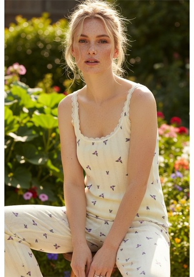 Siyah İnci Pamuklu Pointel Ajurlu/delikli Askılı Örme Pijama Takım 26120640 sari