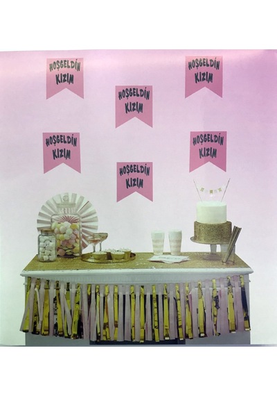Pembe Üzeri Gümüş Renk Hoşgeldin Kızım Bayrak Süs Yetişkin