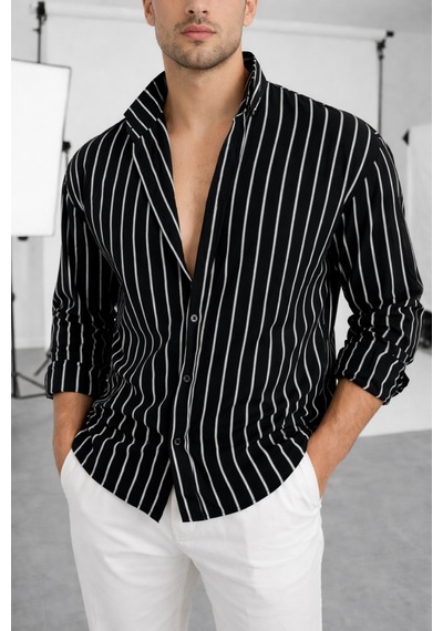 Erkek İki Çizgili Regular Relaxed Fit Uzun Kollu Gömlek Siyah