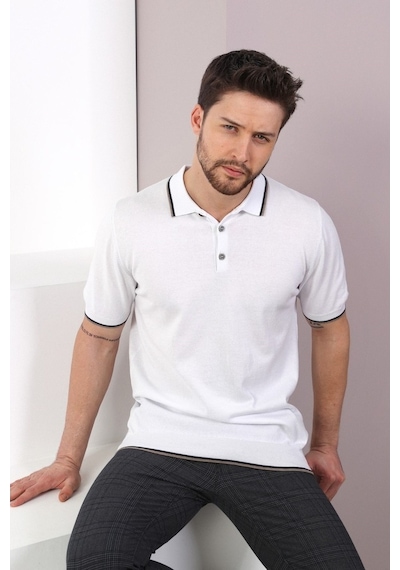 Ferraro Beyaz/Bej Yaka Şerit Düğmeli Erkek Pamuk Triko T-Shirt
