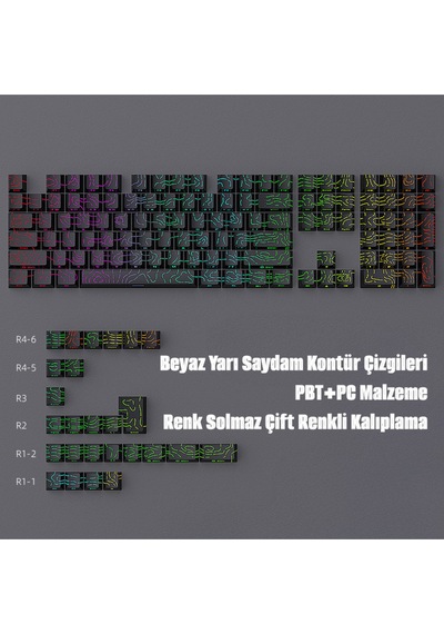 Contourline Keycaps 130 Adet Klavye Tuşu Tam Set Çatlak Işıklı Tuş Takımı