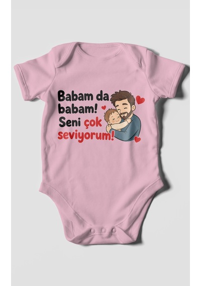 Morivokids Babam Da Babam Seni Çok Seviyorum Kısa Kollu Bebek Body %100 Pamuk Koyu Pembe