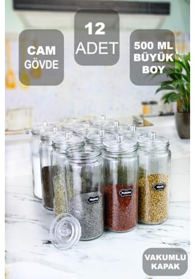 12 Adet Vakum Kapaklı Büyük Boy Cam Baharatlık Seti 500 Ml 7009