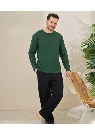 Pijamoni Erkek Pamuklu Bisiklet Yaka Uzun Kol İnce Pijama Takımı 6150/14 - 1 Adet Yeşil