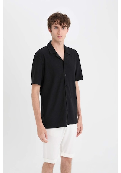 Defacto 	Modern Fit Polo Yaka Dokulu Penye Kısa Kollu Siyah Gömlek C4125AX24SM Siyah