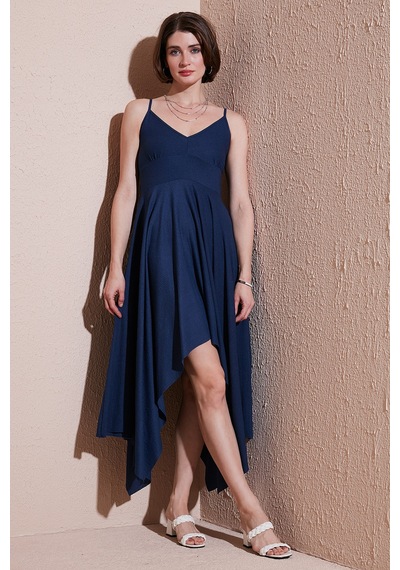 Lela Asimetrik Kesim Regular Fit Midi Boy Askılı V Yaka Bayan Elbise 5866131 Indigo
