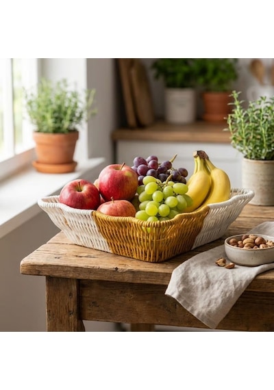 Büro Ev Ofis Düzeni İçin Çift Renkli Plastik Rattan Kare Dalgalı Ekmek Meyve Sepeti Diğer