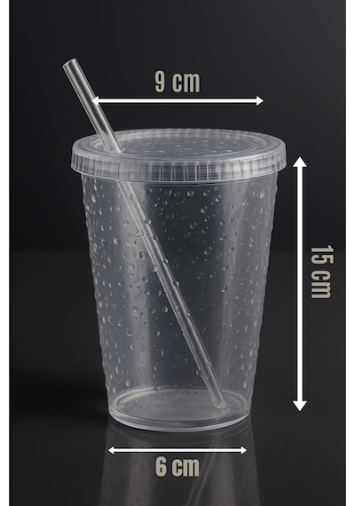 Cam Pipetli Plastik Bardak 500 Ml Su Damlacıklı Desen - Kapaklı Soğuk İçecek Bardağı Pembe