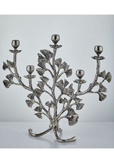 Gıngko Leaf 5 Lıghts Candle Holder Nıckel Antıque 45,8x15,5x42 Cm Gümüş