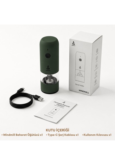 Pizen Windmill Usb Şarjlı Otomatik Baharat Öğütücü Led Işıklı Ayarlanabilir Tuz Karabiber Değirmeni Yeşil