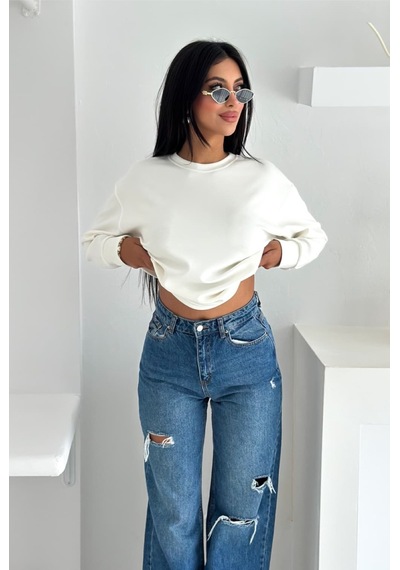 Femelle Beyaz Modal Kumaş Basic Sweatshirt