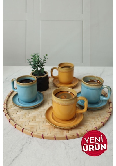 Keramika Shizen Sarı / Turkuaz Formart Kahve Takımı 8 Parça 4 Kişilik Q46-q40 Çok Renkli
