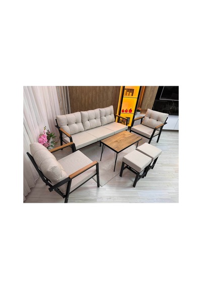 Houseart Balkon, Bahçe - Metal Kanepe Koltuk Takımı 3+1+1 + 2 Adet Puf + Sehpa Krem