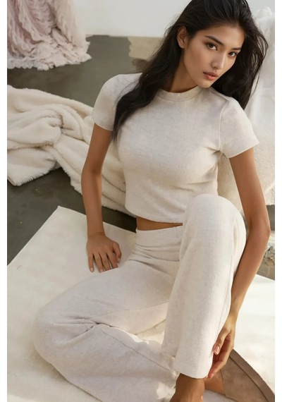 Hiccup Slim Fit Triko Crop Bluz Natural