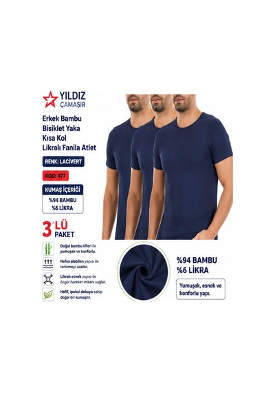 Yıldız Çamaşır Erkek Bambu Bisiklet Yaka Kısa Kol Likralı Fanila Atlet 475-476-477 - 3 Adet Lacivert Yıldız Çamaşır Erkek Bambu Bisiklet Yaka Kısa Kol Likralı Fanila Atlet 475-476-477 - 3 Adet Lacivert