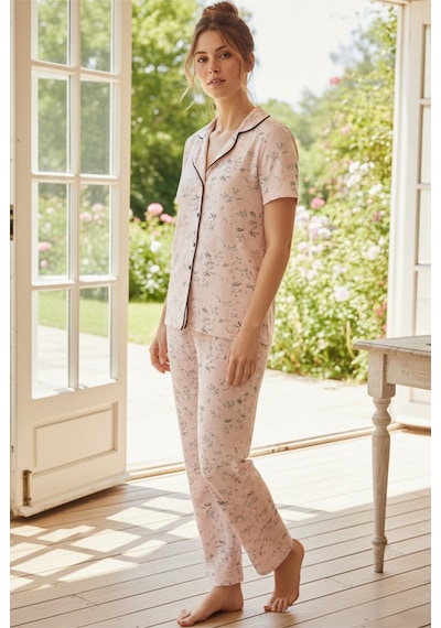 Siyah İnci Düğmeli Biyeli Viskon Örme Pijama Takım 26120766 Pembe