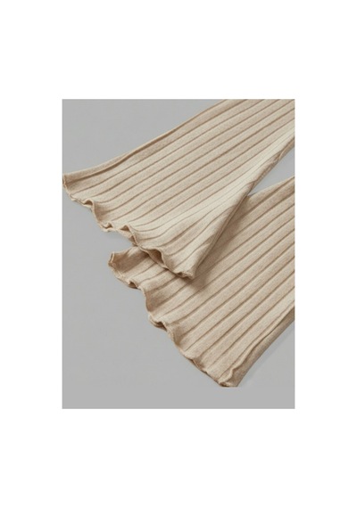 Wild Flower Bej Fitilli Triko Bluz Uzun Kollu, Volan Kol, Dik Yaka Crop Üst Bej